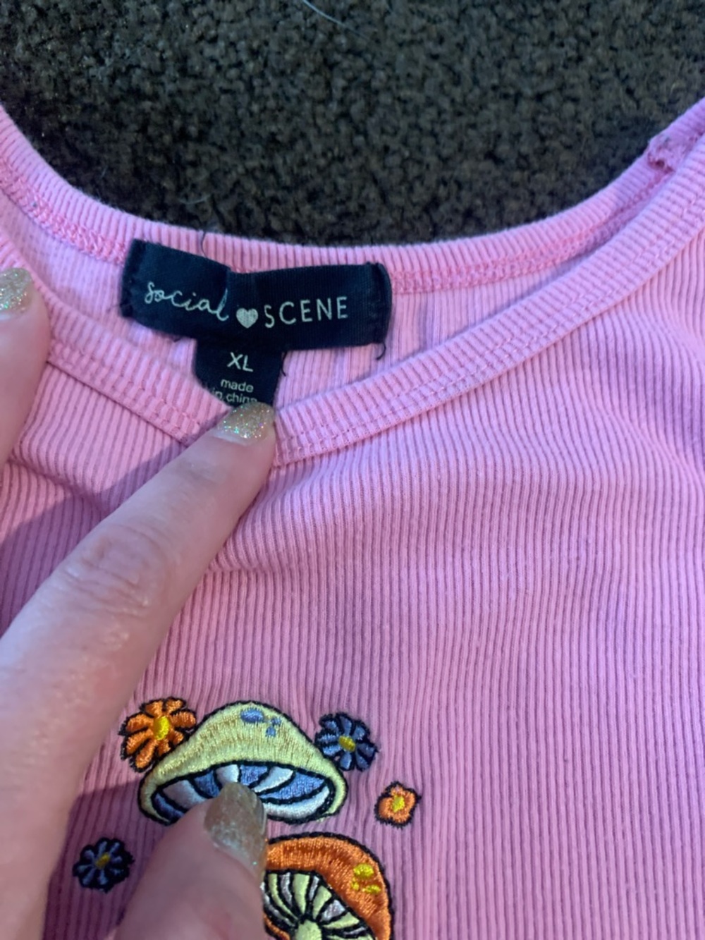 Social Scene Pink Ribbed Embroidered Mushroom Crop Tank - Picture 2 of 4